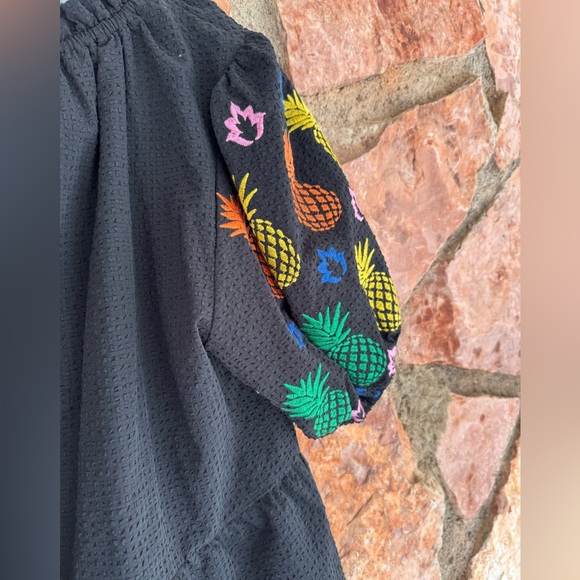 White textured fruit dolce pineapple ruffle bubble sleeve tunic top blouse - Picture 8 of 12